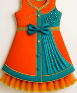 Floral Printed Frock Knee Length Short Frock Dress (Orange)