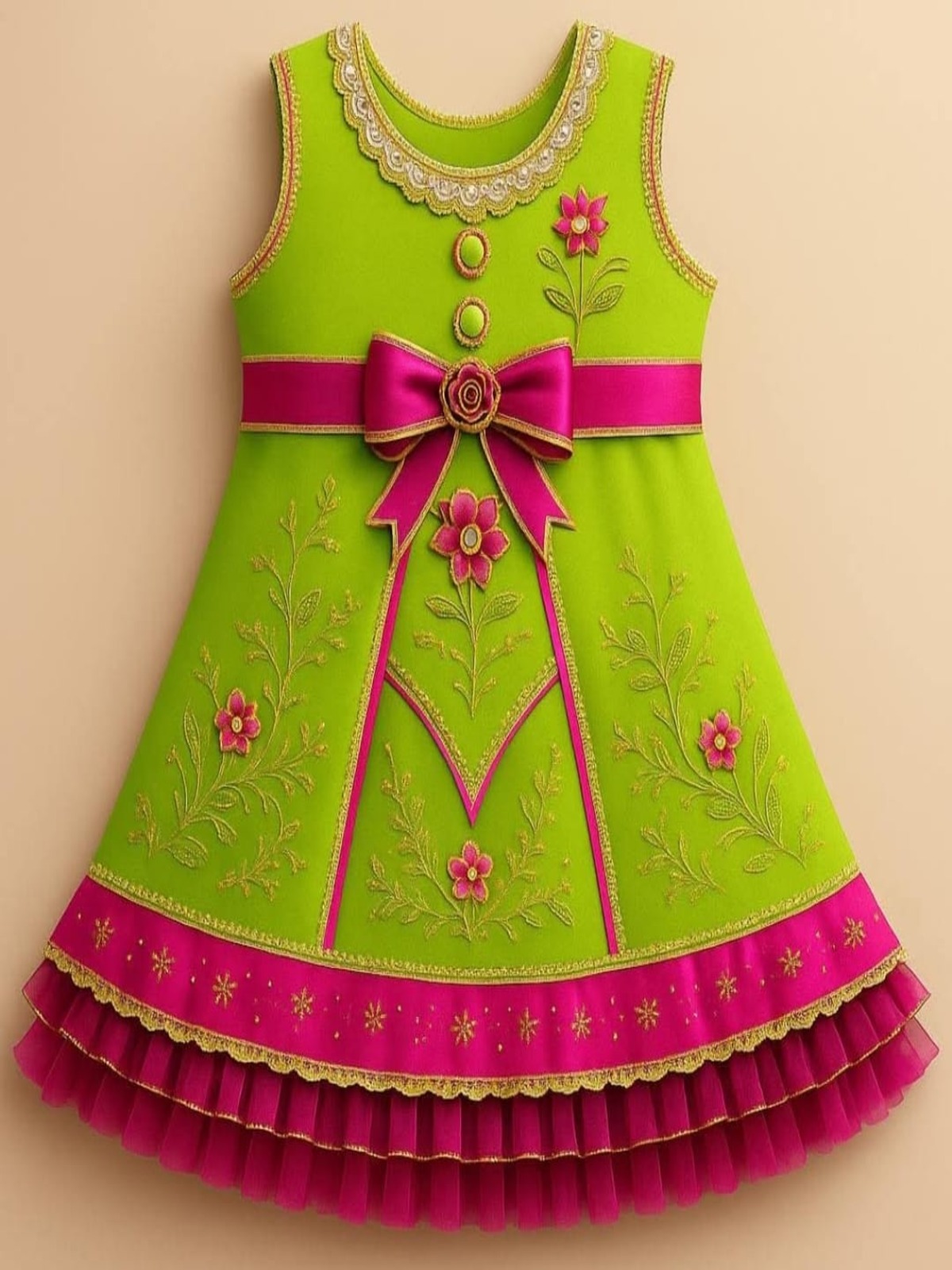 Floral Printed Frock Knee Length Short Frock Dress (L Green)